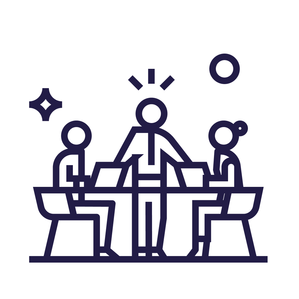 Ícone mostra três pessoas em uma mesa, com uma figura central destacada, representando liderança ou apresentação.