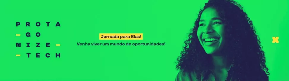 Imagem mostra uma mulher sorrindo e o projeto "Protagonize Tech"
