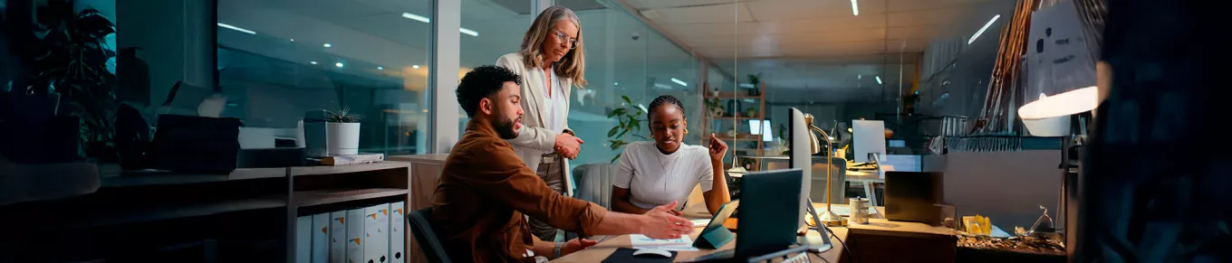 Foto mostra uma equipe fazendo reunião de trabalho numa sala 