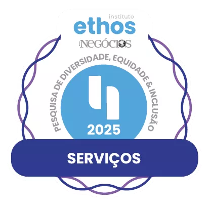 Selo do Instituto Ethos 2025 para o setor de serviços, destacando compromisso com diversidade, equidade, inclusão e pesquisa em negócios.