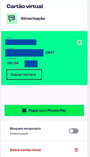 Imagem mostra como o cartão virtal aparece no app pluxee brasil 