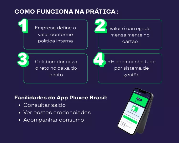Infográfico explica como funciona o cartão Pluxee Combustível na prática