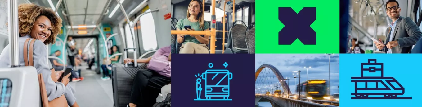 a imagem reúne fotos sobre mobilidade urbana e transporte. A composição reúne fotos de pessoas dentro do ônibus e metrô, além de ícones ilustrativos de transporte público, com elementos em tons de azul e verde. 