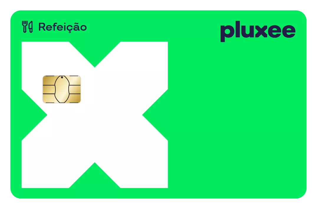 Cartão Pluxee Refeição em destaque com identidade visual verde, utilizado para benefícios corporativos de alimentação e refeições. 