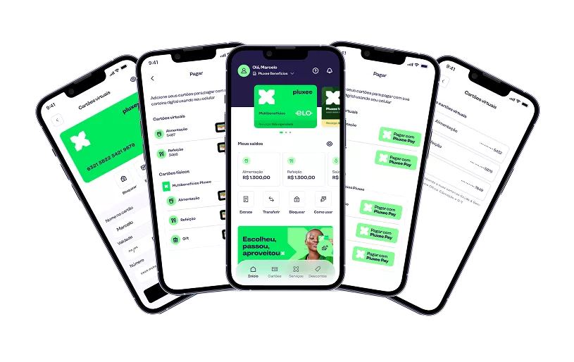 Telas do app Pluxee mostram cartões, pagamentos, saldos e serviços disponíveis para o consumidor gerenciar benefícios.