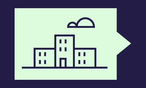  Ícone de edifícios com nuvem em fundo verde.