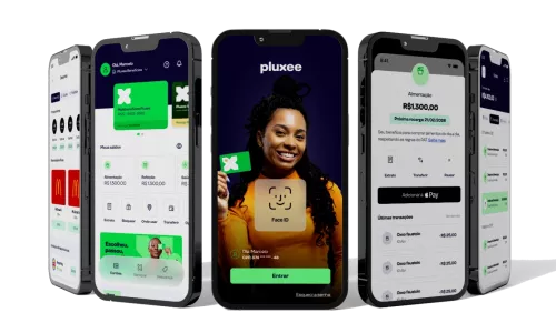 Telas do aplicativo Pluxee exibem saldos, extrato, transferências e serviços, destacando o app completão da Pluxee para gestão de benefícios.