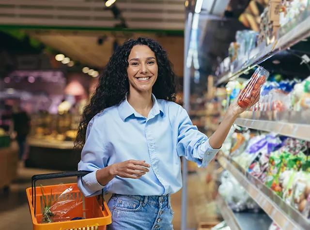 Foto mostra uma mulher comprando alimentos frescos no supermercado