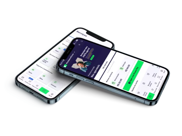 Dois smartphones sobrepostos exibindo app Pluxee com serviços, saldo e opções de pagamento na tela.