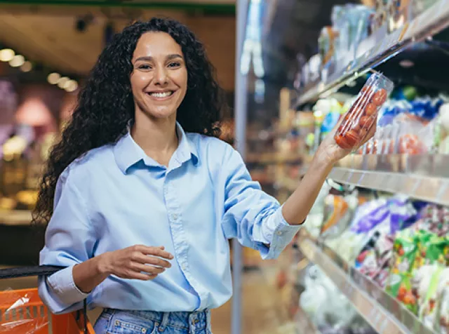 Mulher compra alimentos frescos no supermercado com Pluxee Alimentação