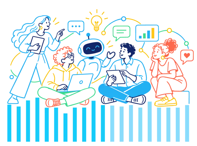 Ilustração da interação entre profissionais e inteligência artificial, tema da pesquisa Pluxee + Ipsos 2026 sobre engajamento, transformação do trabalho e adoção de novas tecnologias