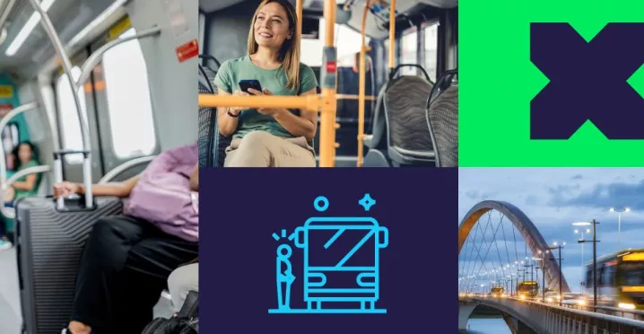 a imagem reúne fotos sobre mobilidade urbana e transporte. A composição reúne fotos de pessoas dentro do ônibus e metrô, além de ícones ilustrativos de transporte público, com elementos em tons de azul e verde.