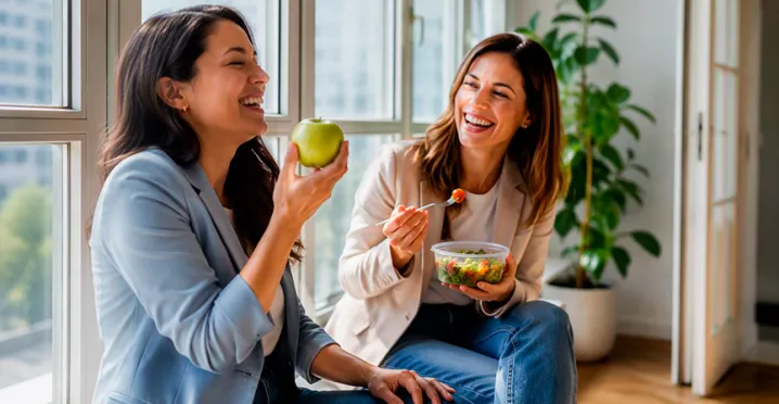 Pessoas fazendo pausa para refeição saudável no ambiente de trabalho, representando bem-estar corporativo e qualidade de vida.