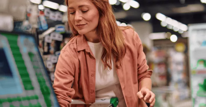 A imagem mostra uma mulher ruiva no mercado, fazendo compras