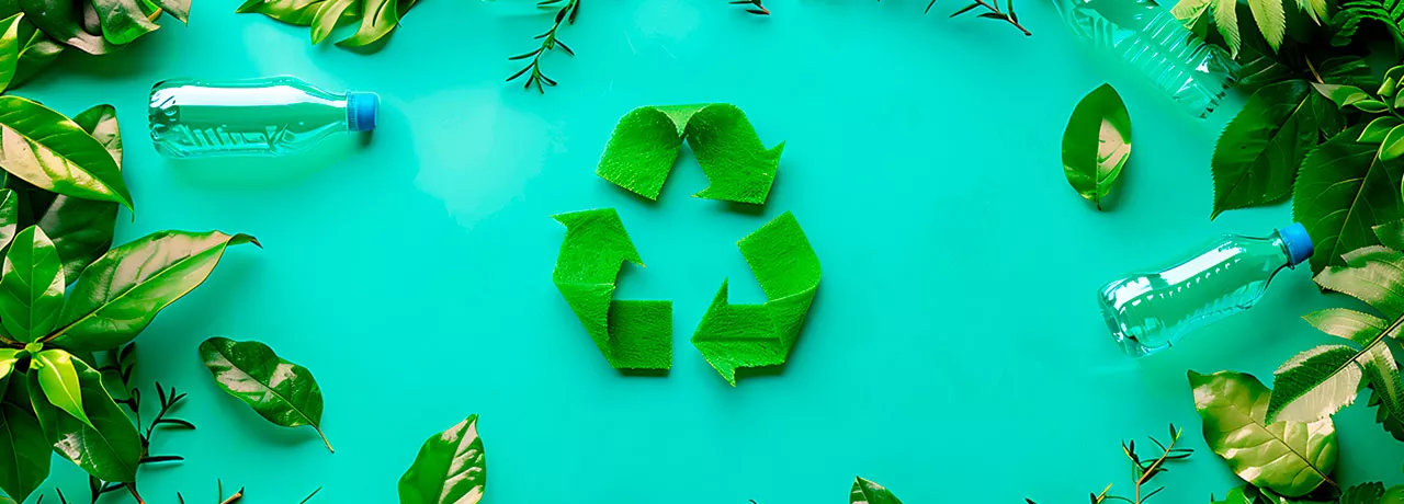 Imagem mostra um símbolo verde de reciclagem num fundo verde, com algumas garrafas de plástico vazias ao redor