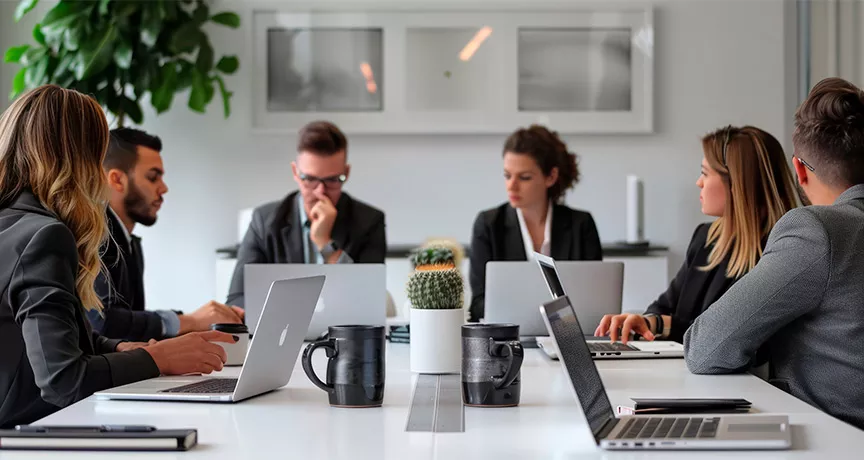 Foto mostra um grupo de pessoas trabalhando juntas para alinhar os objetivos da empresa