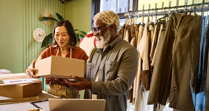 Microempresária trabalha com seu funcionário na loja de roupas
