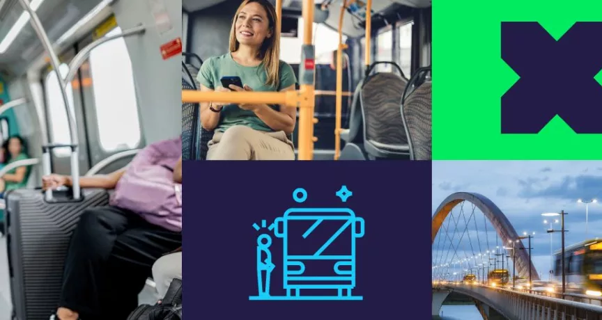 a imagem reúne fotos sobre mobilidade urbana e transporte. A composição reúne fotos de pessoas dentro do ônibus e metrô, além de ícones ilustrativos de transporte público, com elementos em tons de azul e verde.
