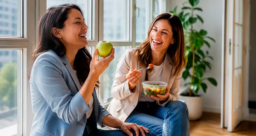 Pessoas fazendo pausa para refeição saudável no ambiente de trabalho, representando bem-estar corporativo e qualidade de vida.