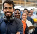 pessoas em fila sorrindo em ambiente de trabalho.