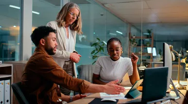 Foto mostra uma equipe fazendo reunião de trabalho numa sala