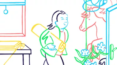  Ilustração colorida de uma pessoa sorrindo, carregando uma cartolina, enquanto caminha em direção a uma porta aberta com plantas e um cavalo desenhado ao lado.