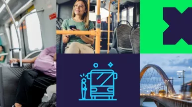 a imagem reúne fotos sobre mobilidade urbana e transporte. A composição reúne fotos de pessoas dentro do ônibus e metrô, além de ícones ilustrativos de transporte público, com elementos em tons de azul e verde.