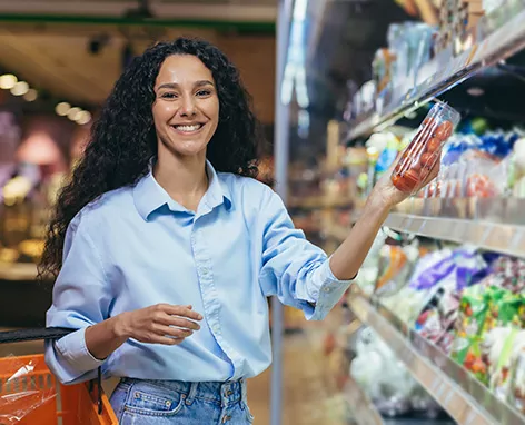 Mulher compra alimentos frescos no supermercado com Pluxee Alimentação