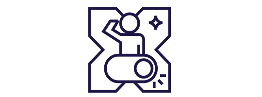 Ícone de uma pessoa fazendo continência com um X da Pluxee ao fundo