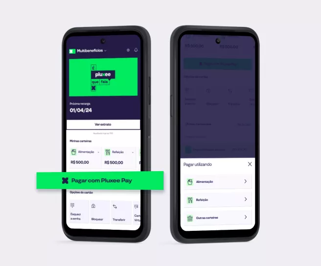 Imagem com a tela do app Pluxee Brasil, mostra o serviço Pluxee Pay para pagamento por aproximação