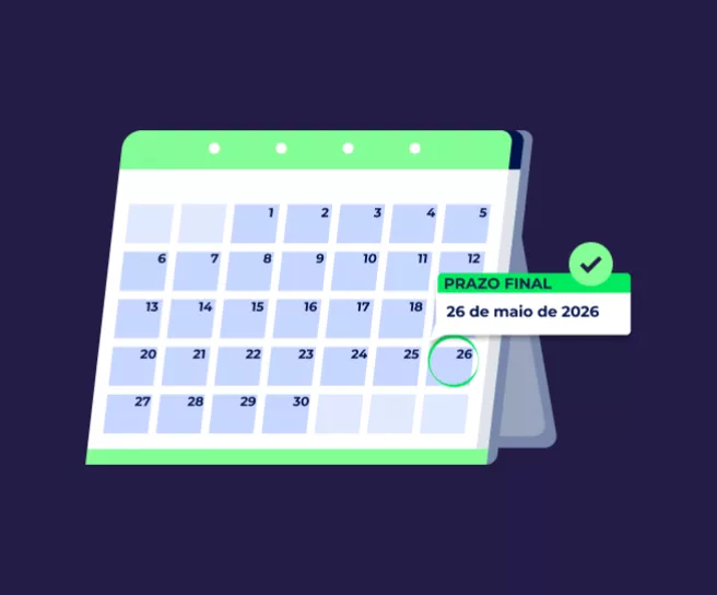Ilustração de calendário com data final destacada em 26 de maio de 2026. 