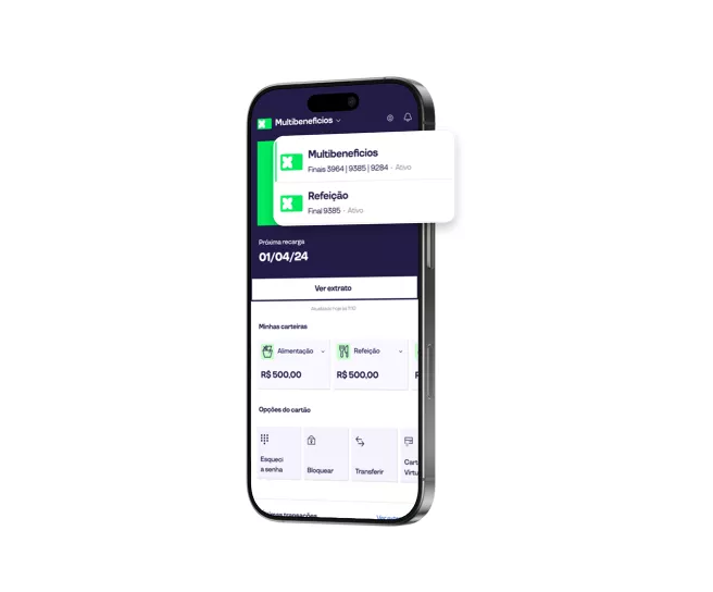 Smartphone mostrando saldo de benefícios, opções de cartão e botão para ver extrato.