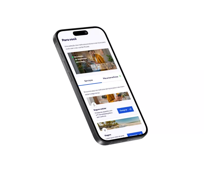 Smartphone exibindo tela com ofertas e serviços disponíveis no aplicativo com cards informativos.