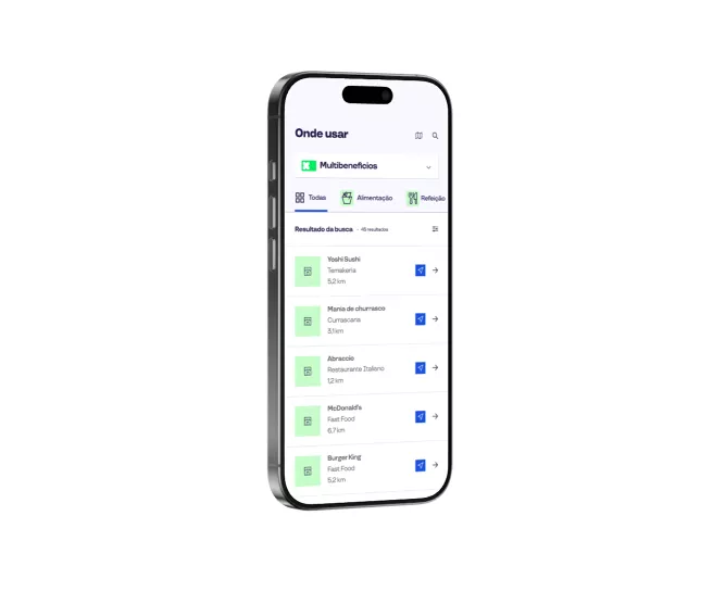 Smartphone exibindo lista de estabelecimentos para uso de benefícios com categorias e distâncias.