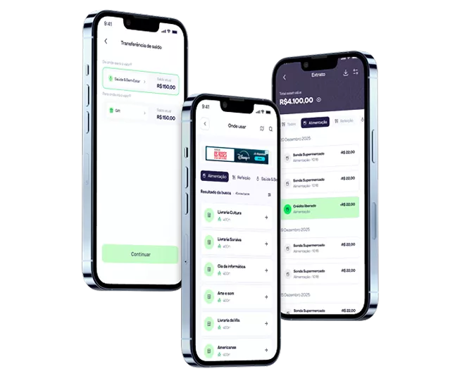 Telas do app Pluxee mostram transferência de saldo, consulta de extrato e busca de estabelecimentos para o consumidor.
