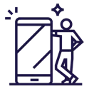 Ilustração de uma pessoa ao lado de um celular gigante