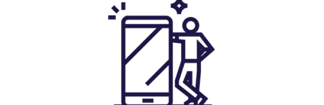 Ícone mostra uma pessoa posando ao lado de um celular gigante