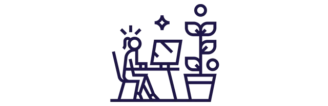 Ícone de mulher trabalha no computador ao lado de uma grande planta