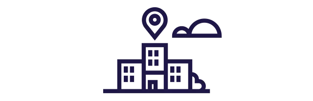 Ilustração mostra 3 prédios de longe, com um ícone de localização sobre eles