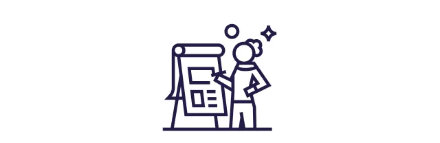 Ícone de pessoa apresentando quadro com gráficos e informações em formato visual simples.