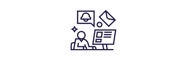 Ícone de pessoa no computador com notificações e mensagens flutuando.