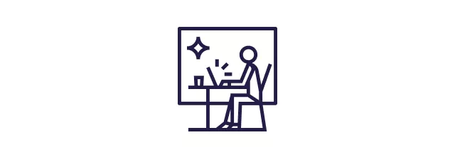 Ícone de pessoa usando laptop em mesa com elementos de trabalho ao redor.
